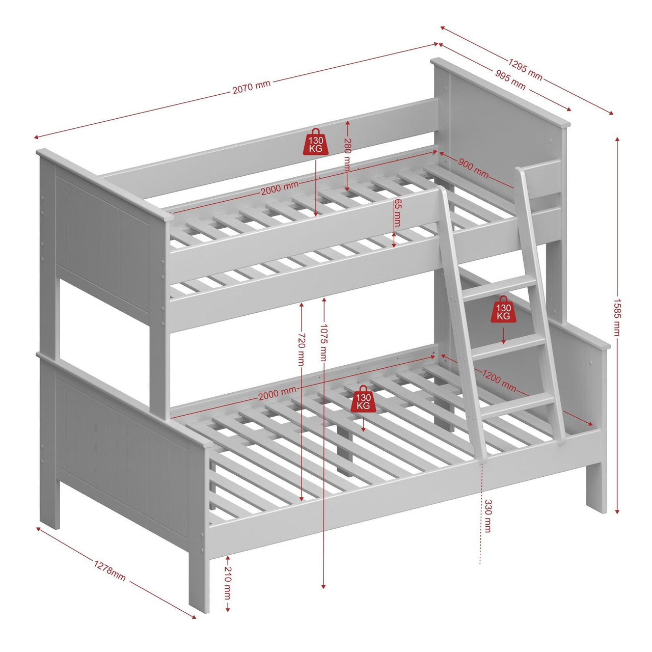 White Wooden Kids Triple Bunk Bed Single Over Double