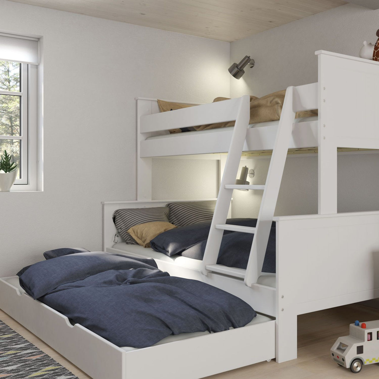 White Wooden Kids Triple Bunk Bed Single Over Double