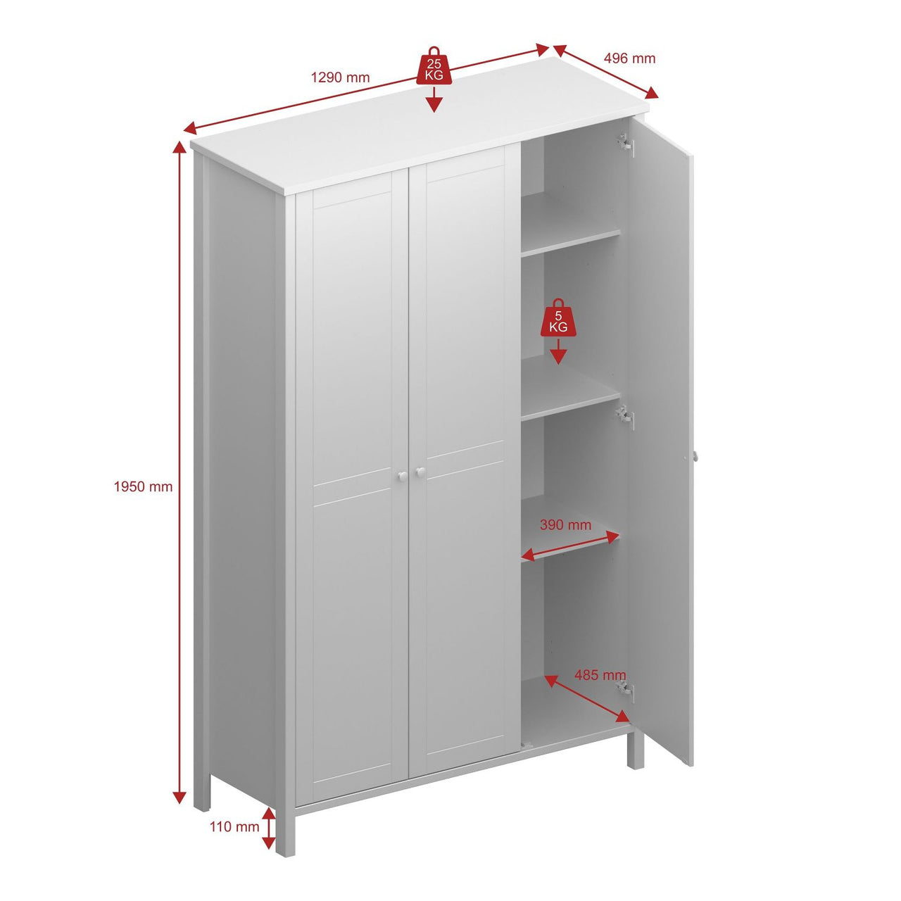 3 Doors Wardrobe Folkestone Grey with Leather Handles