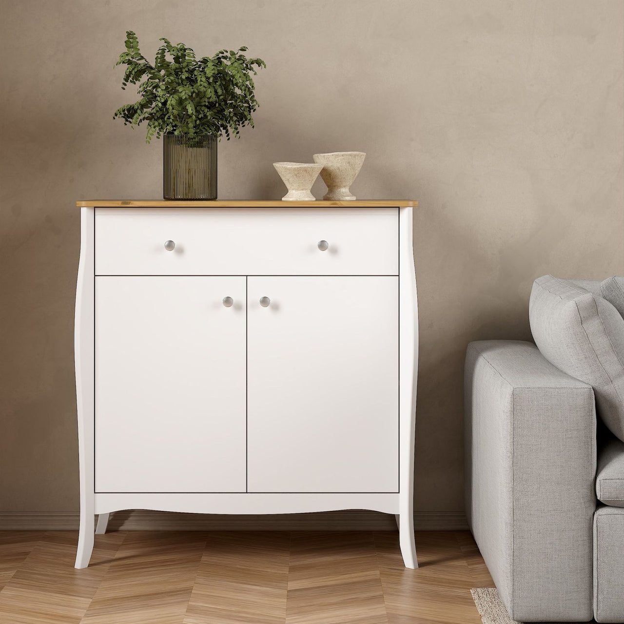 Baroque Sideboard 2 Doors 1 Drawer, Pure White Iced Coffee Lacquer