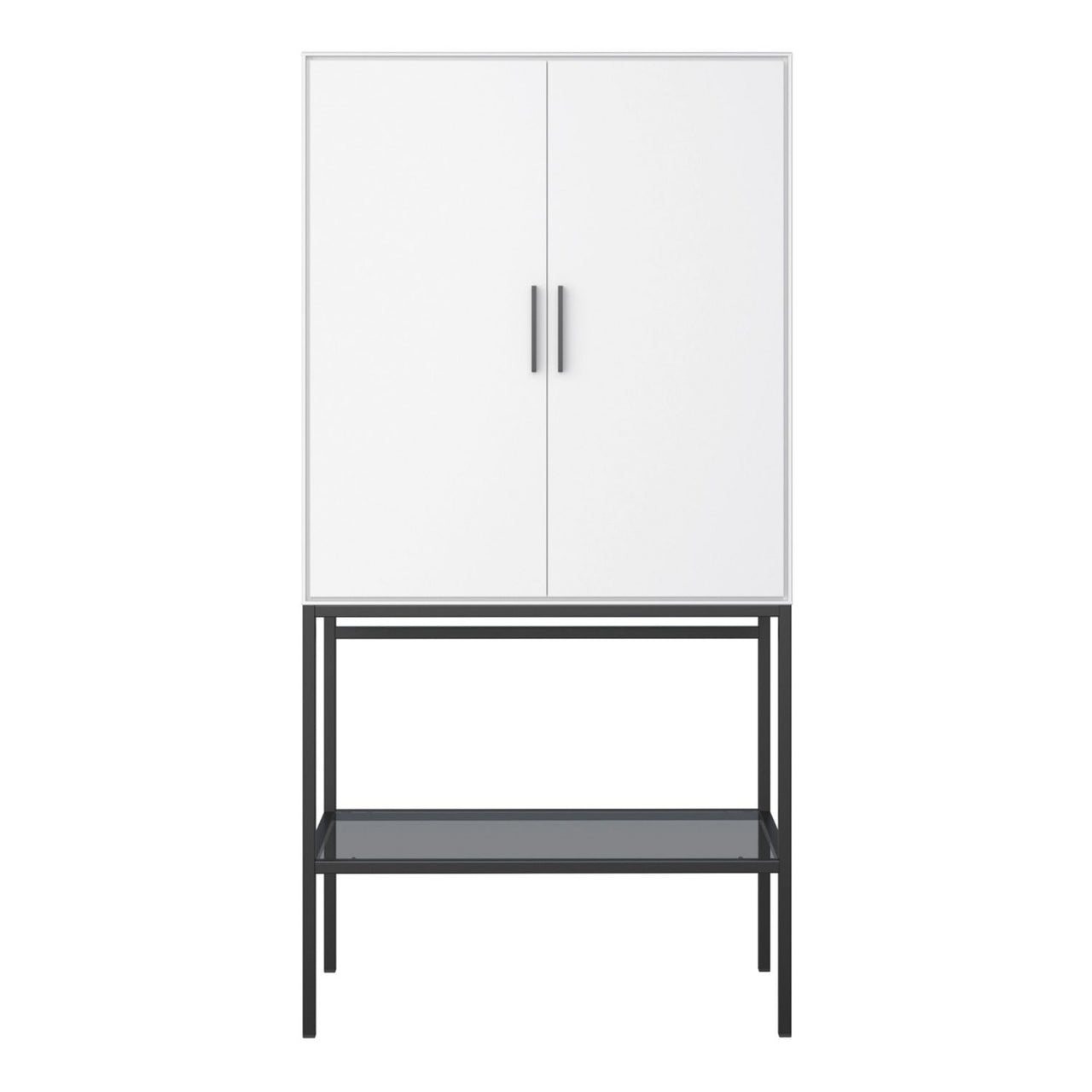 2 Door Tall Cabinet in Pure White with Steel Black Legs