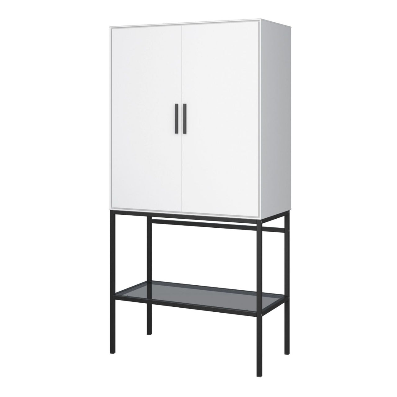 2 Door Tall Cabinet in Pure White with Steel Black Legs