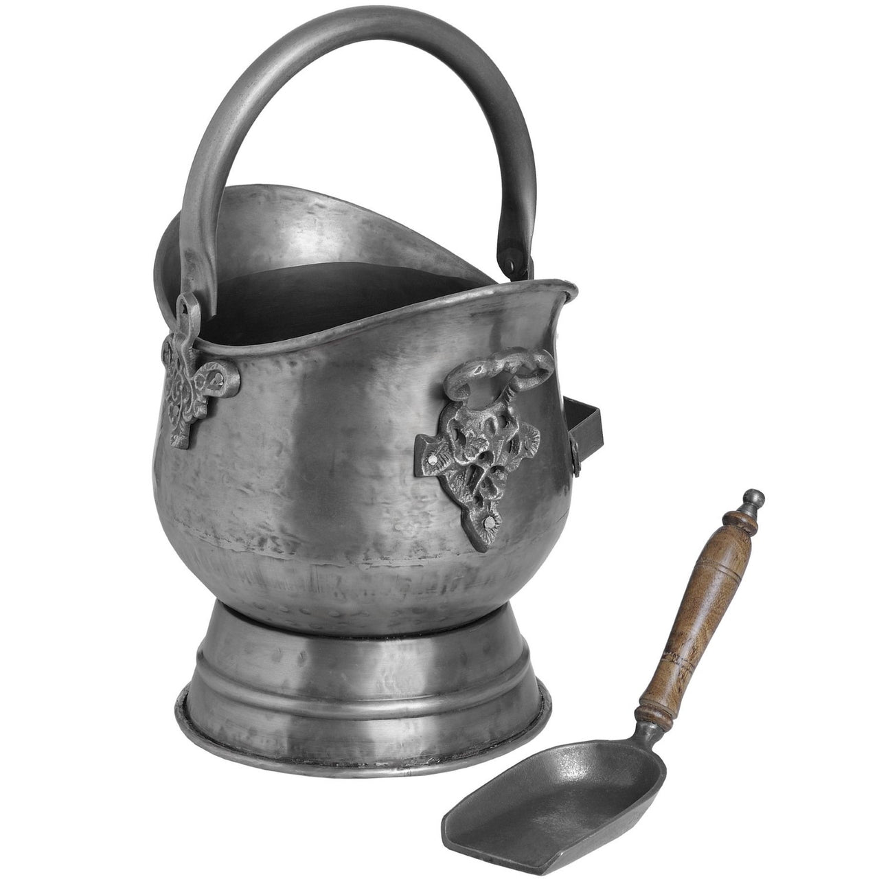 Vintage Traditional Antique Pewter Coal Bucket With Hand Shovel Hearth Set