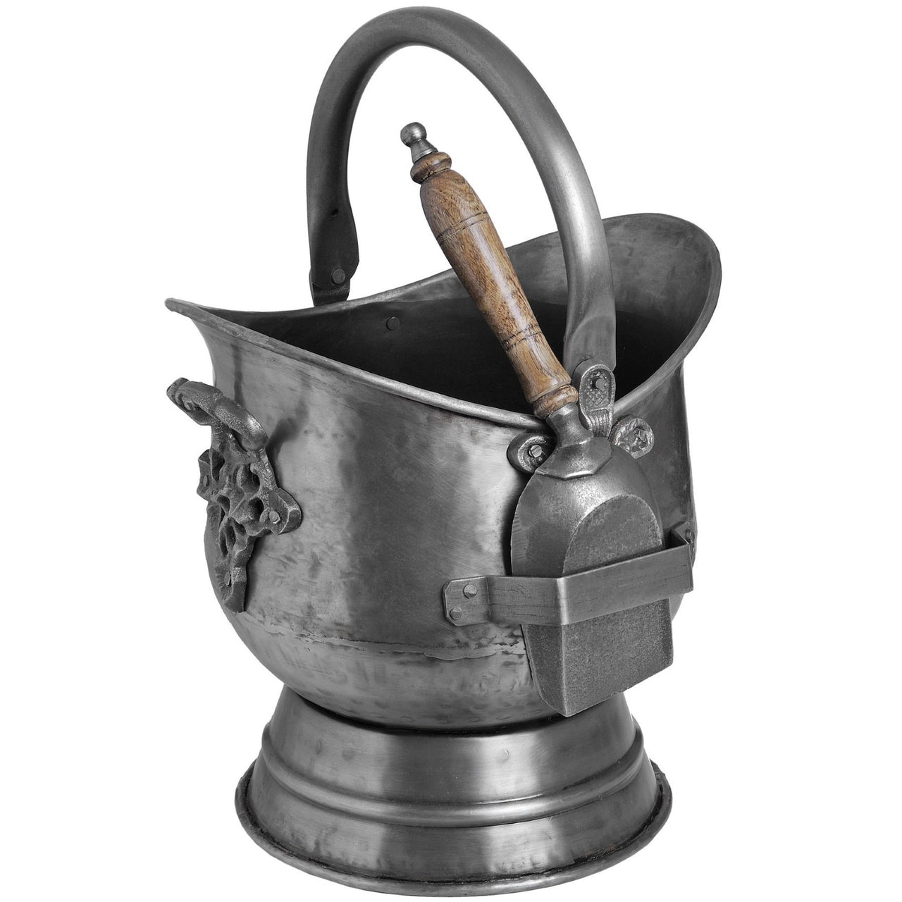 Vintage Traditional Antique Pewter Coal Bucket With Hand Shovel Hearth Set