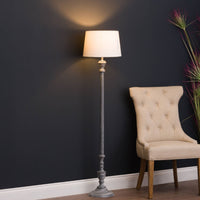 Thumbnail for Grey Washed Rustic Wood Floor Lamp with Linen Fabric Shade Traditional Style