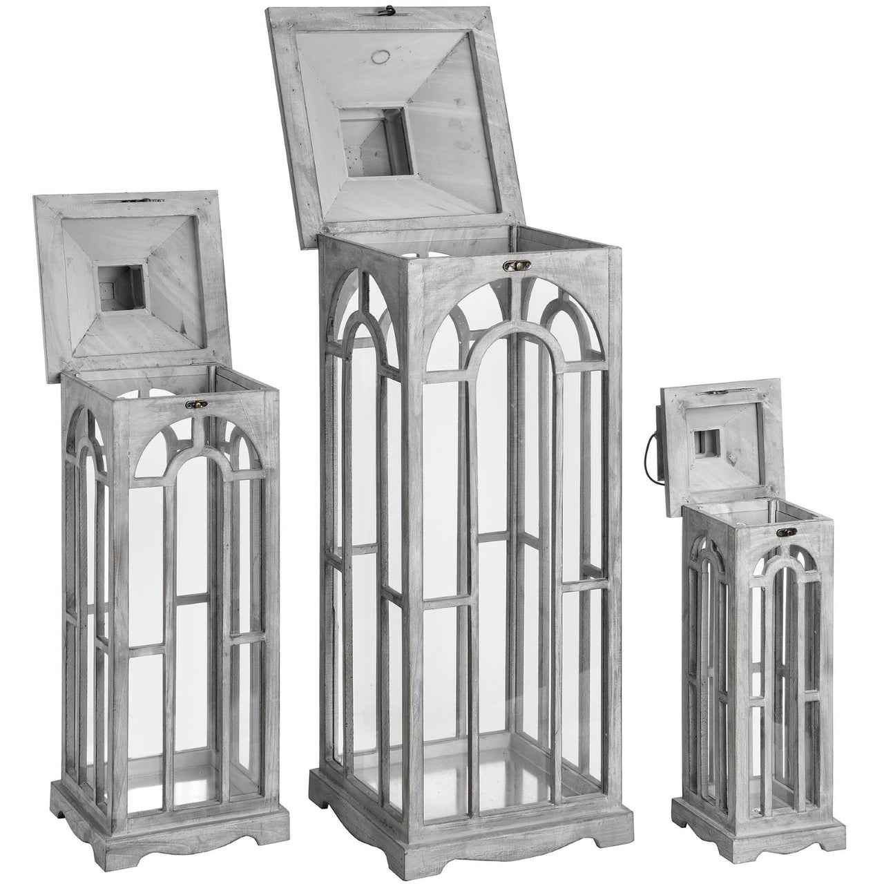 Set of 3 Grey Wooden Glass Floor Standing Lanterns With Arch Design