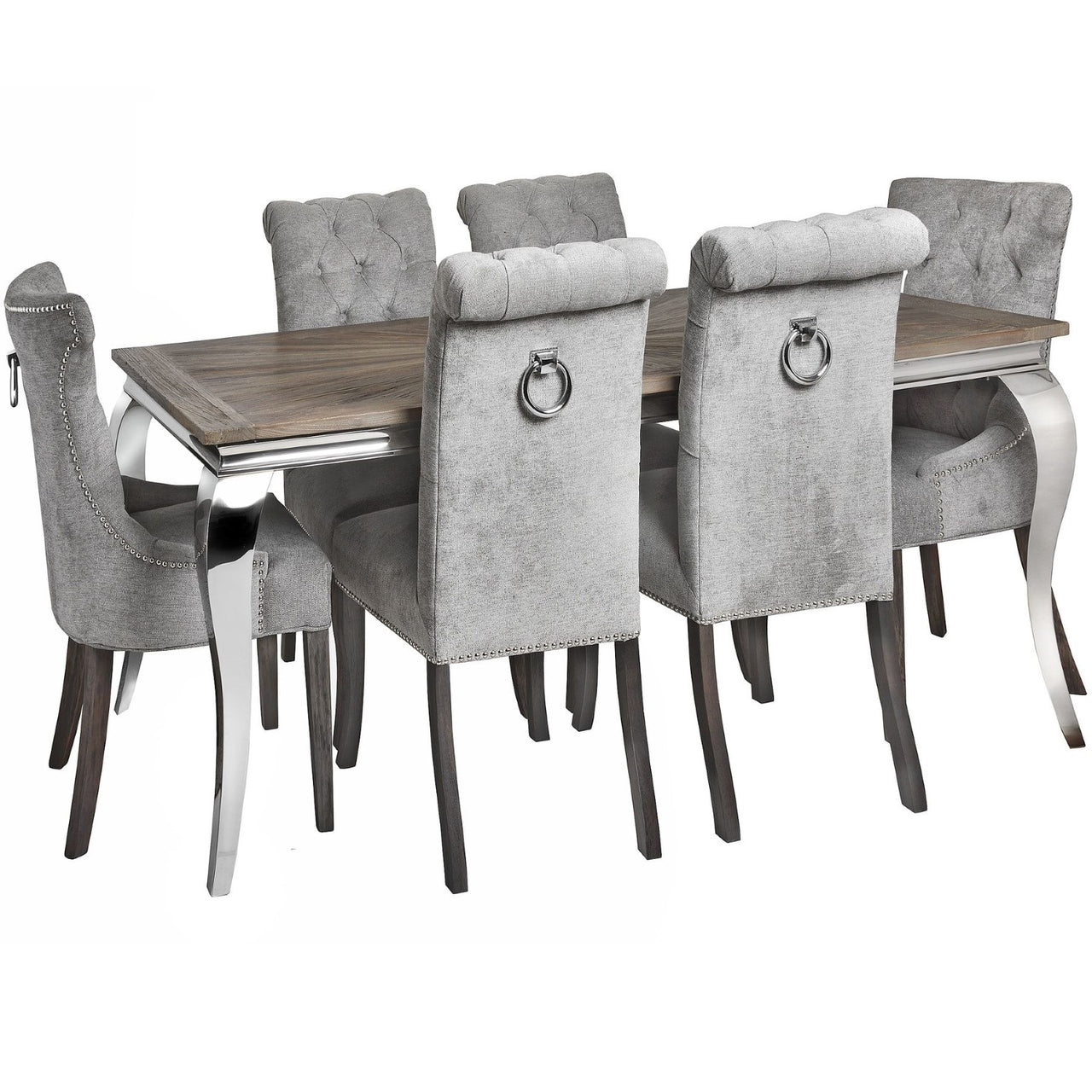 Aesthetic Grey Finish High Back Roll Top Buttoned Dining Chair With Ring Pull 105x49cm