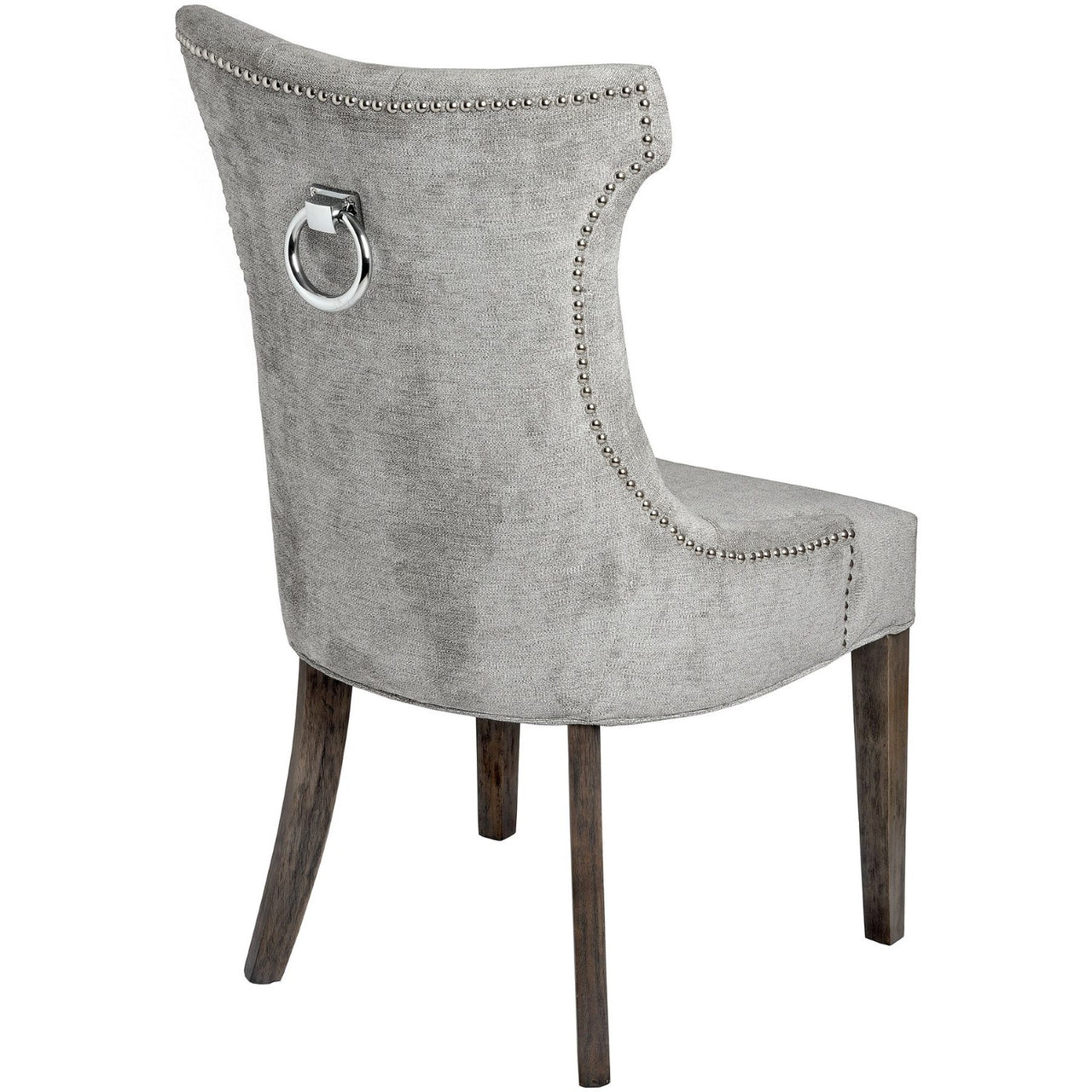 Grey Fabric High Wing Back Buttoned Kitchen Dining Chair With Chrome Ring Pull