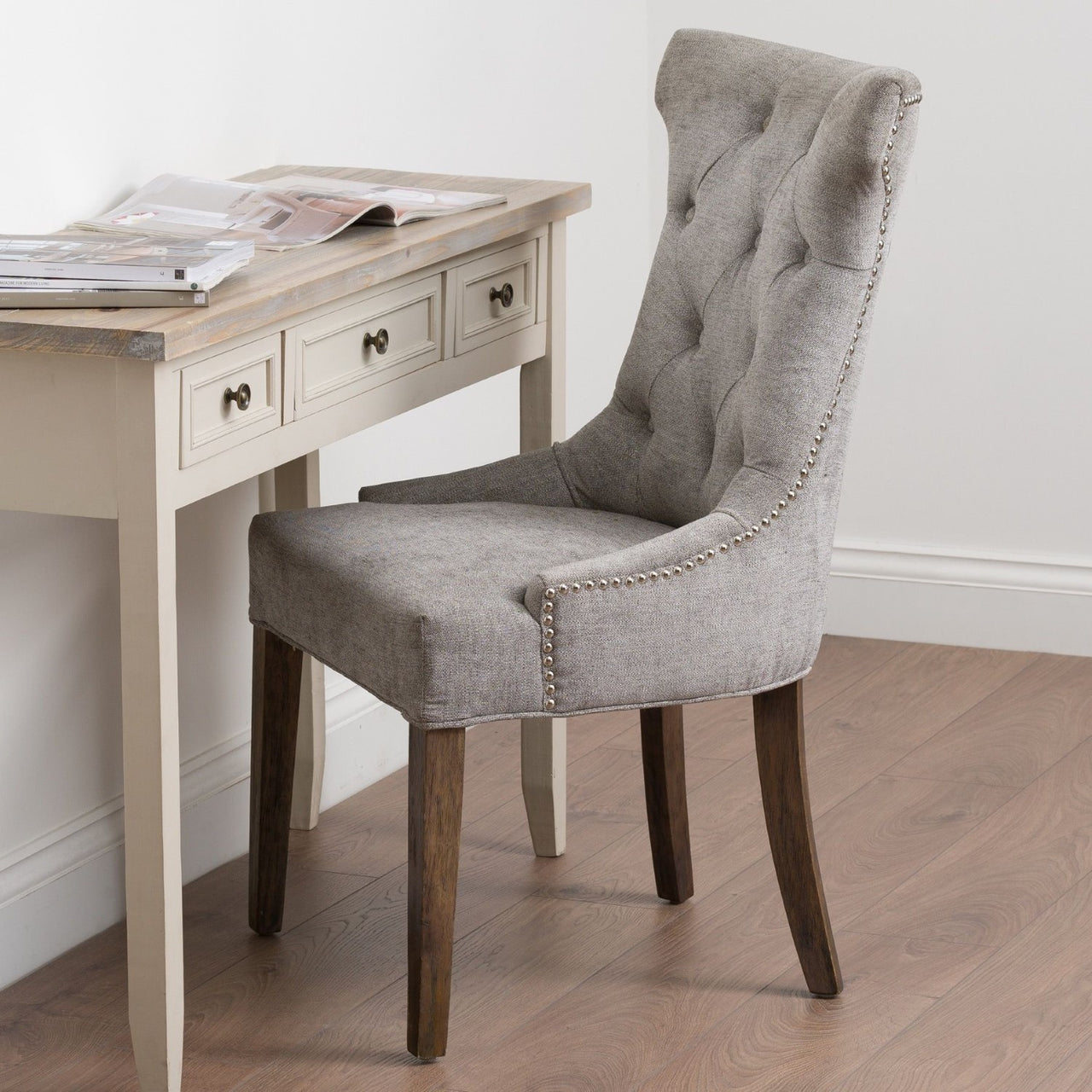 Grey Fabric High Wing Back Buttoned Kitchen Dining Chair With Chrome Ring Pull