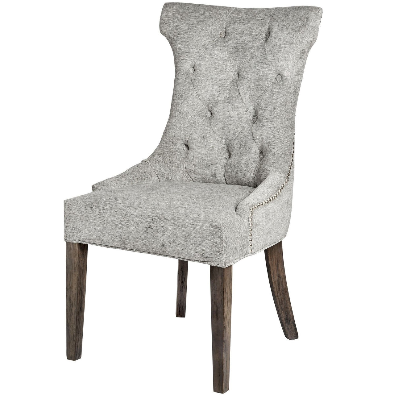 Grey Fabric High Wing Back Buttoned Kitchen Dining Chair With Chrome Ring Pull