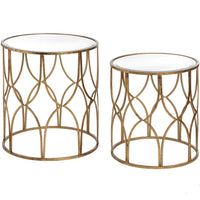 Thumbnail for Set Of 2 Lattice Detail Antique Gold Finish Round Side Tables Glass Top Metal Base