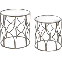 Thumbnail for Nest Of 2 Lattice Detail Antique Silver Finish Round Side Lamp Tables Glass Top Metal Frame