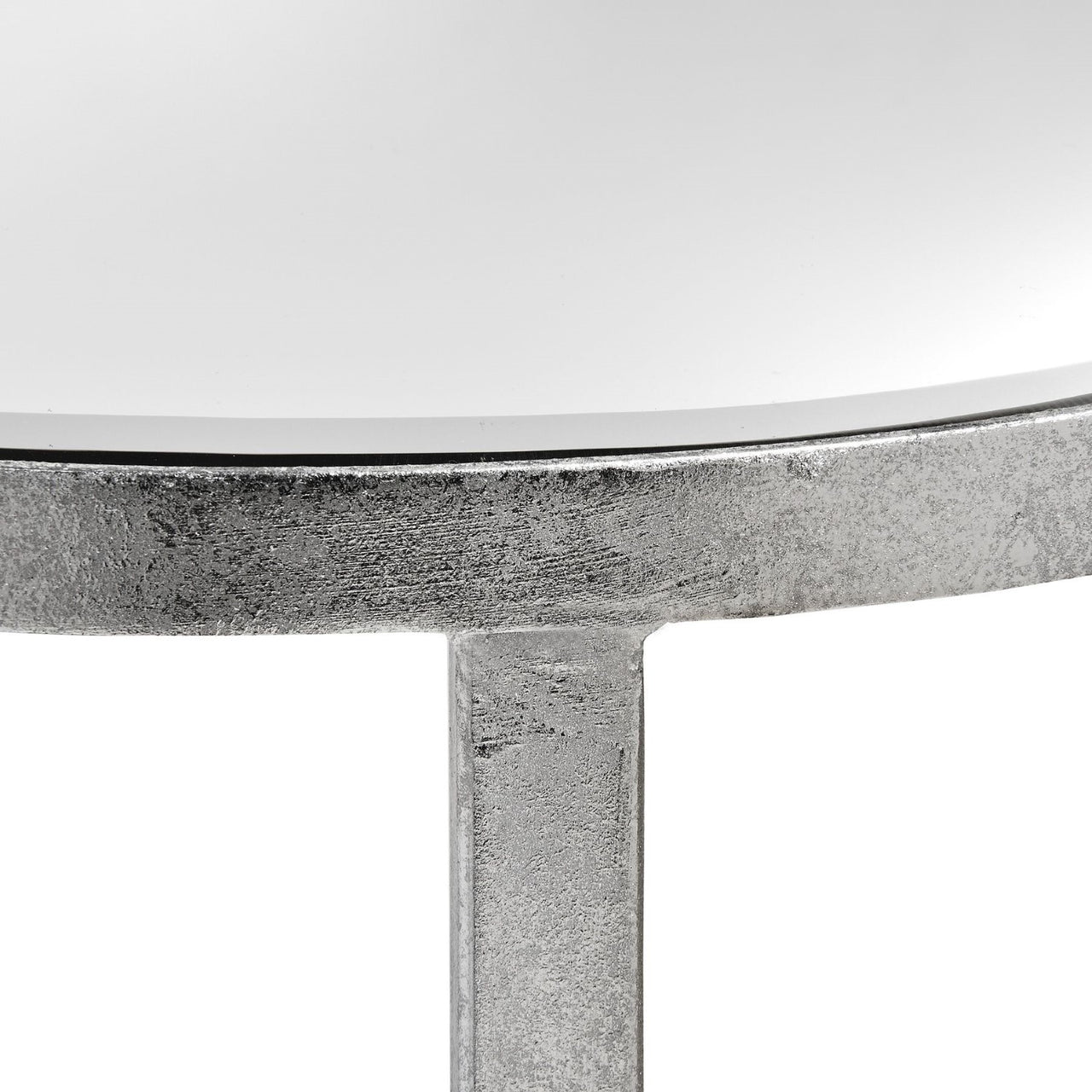 Modern Silver Finish Mirror Glass Top Half Moon Side End Table With Cross Detail 60x74cm