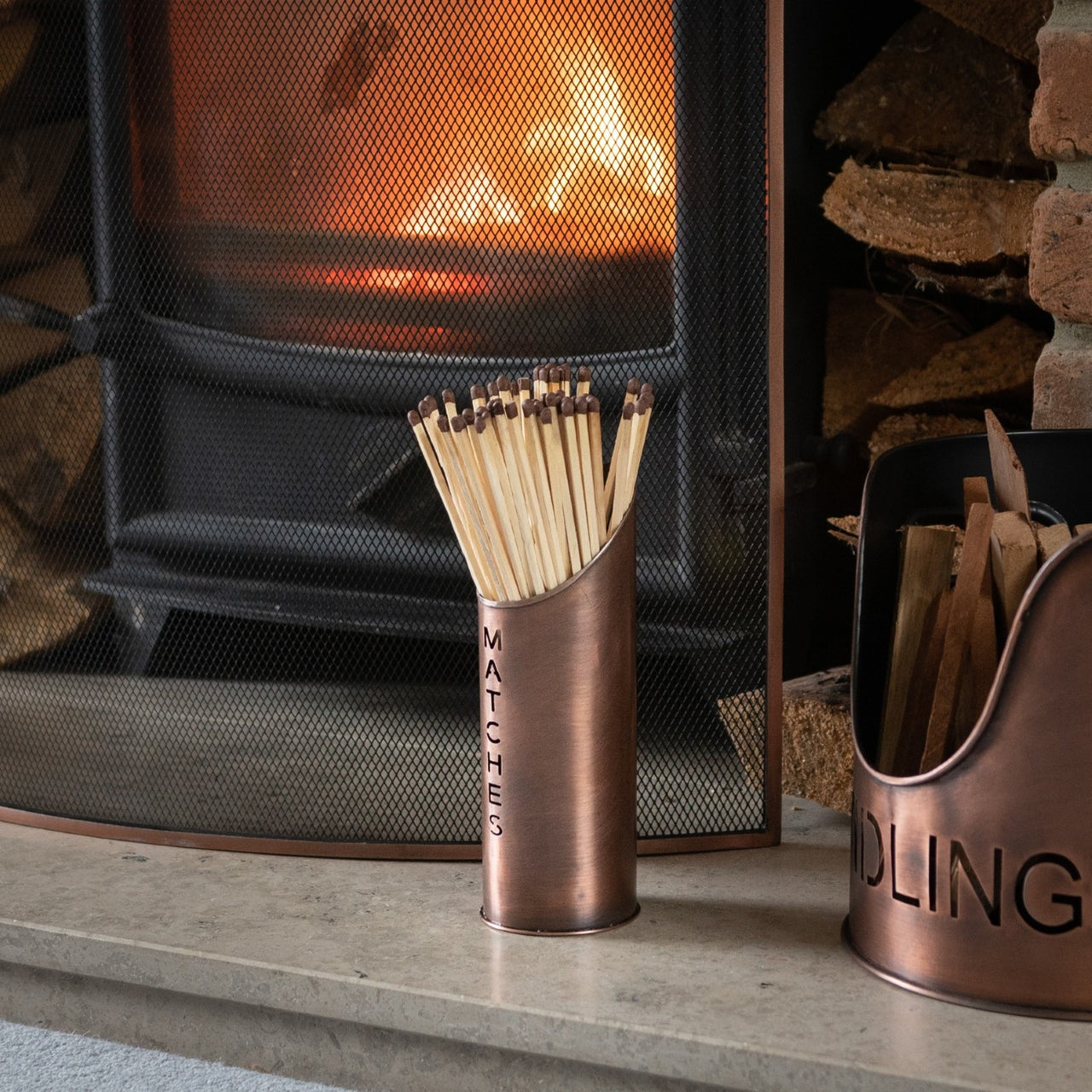 Copper Finish Logs And Kindling Buckets With Matchstick Holder Fire Hearth Set