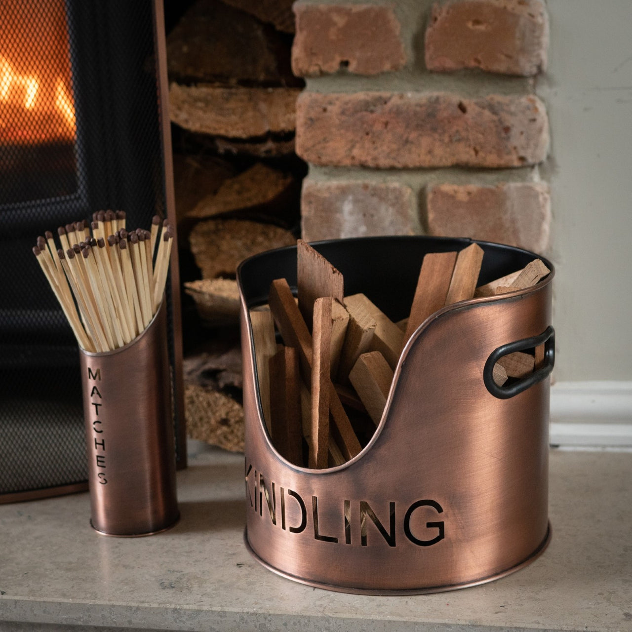 Copper Finish Logs And Kindling Buckets With Matchstick Holder Fire Hearth Set