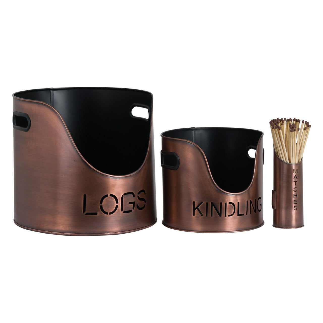 Copper Finish Logs And Kindling Buckets With Matchstick Holder Fire Hearth Set