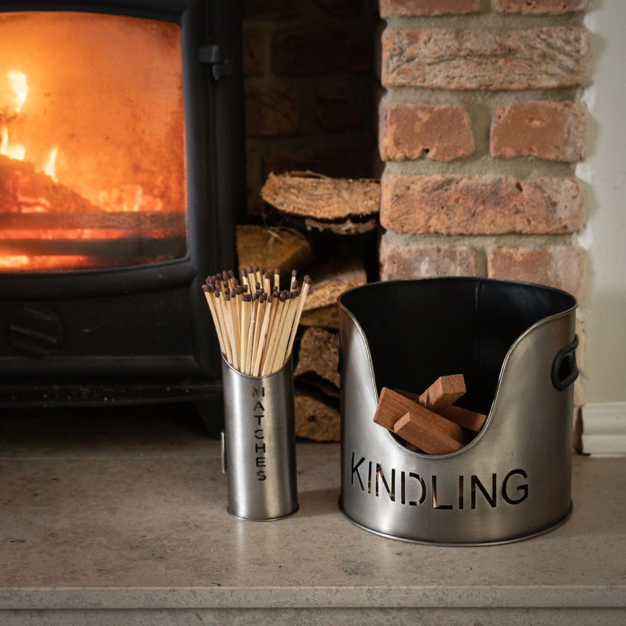 Modern Trendy Pewter Finish Logs And Kindling Buckets And Matchstick Set 32x34cm