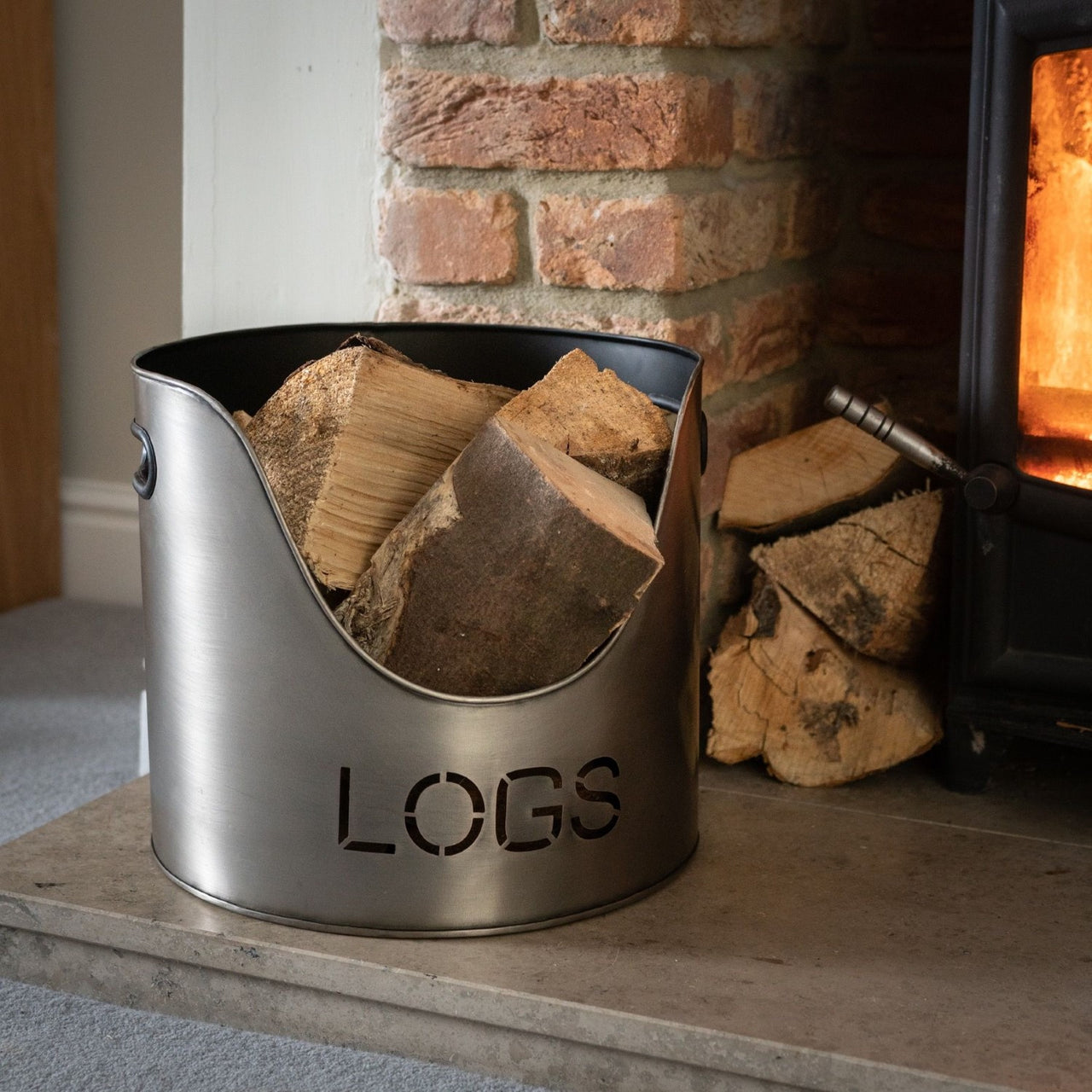 Modern Trendy Pewter Finish Logs And Kindling Buckets And Matchstick Set 32x34cm