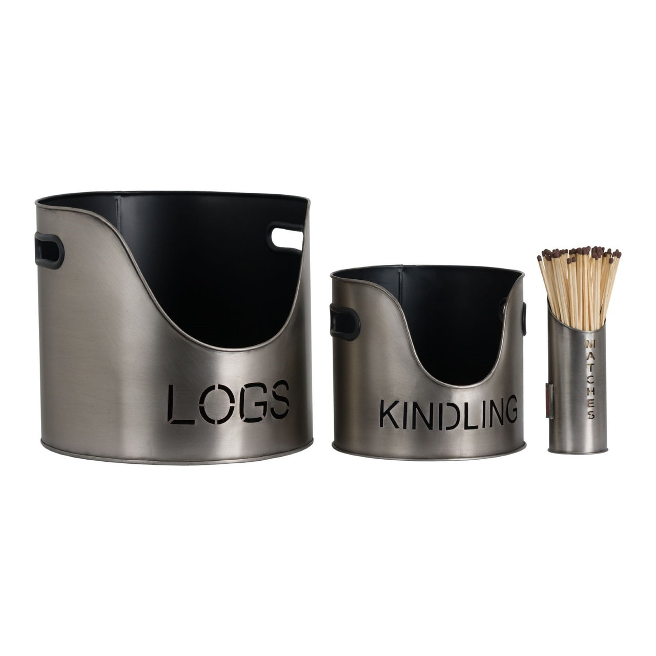 Modern Trendy Pewter Finish Logs And Kindling Buckets And Matchstick Set 32x34cm