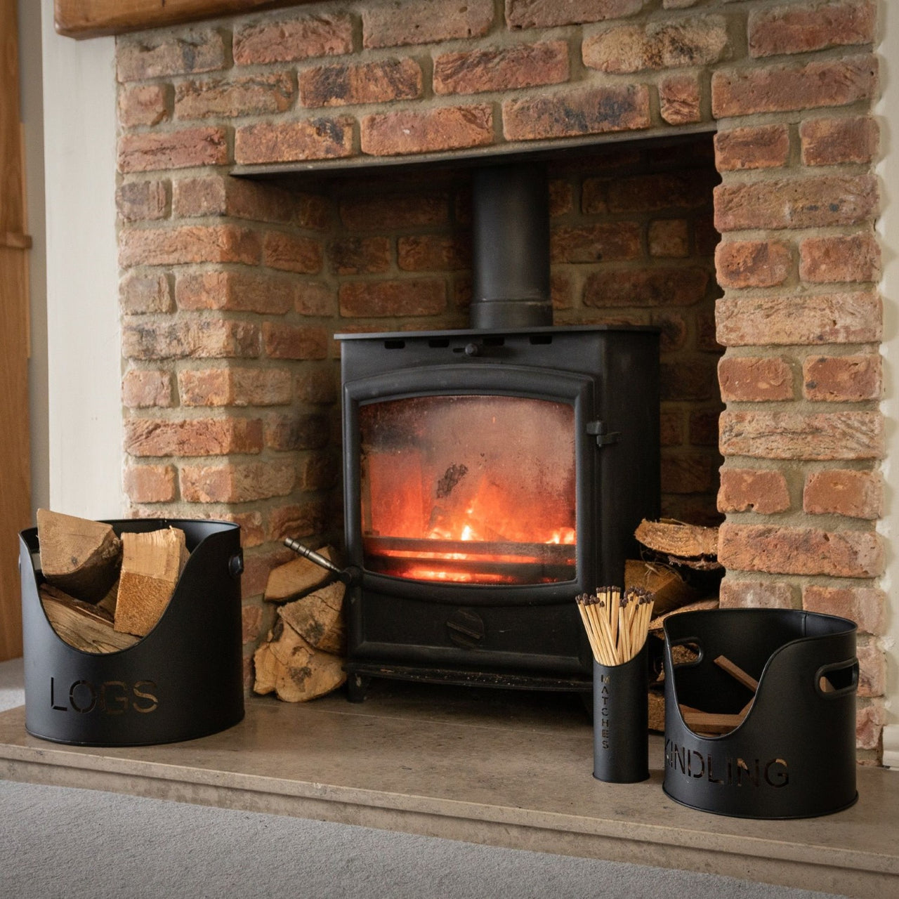 Modern Style Black Finish Fireplace Metal Logs And Kindling Buckets With Matchstick Holder 29 x 32cm