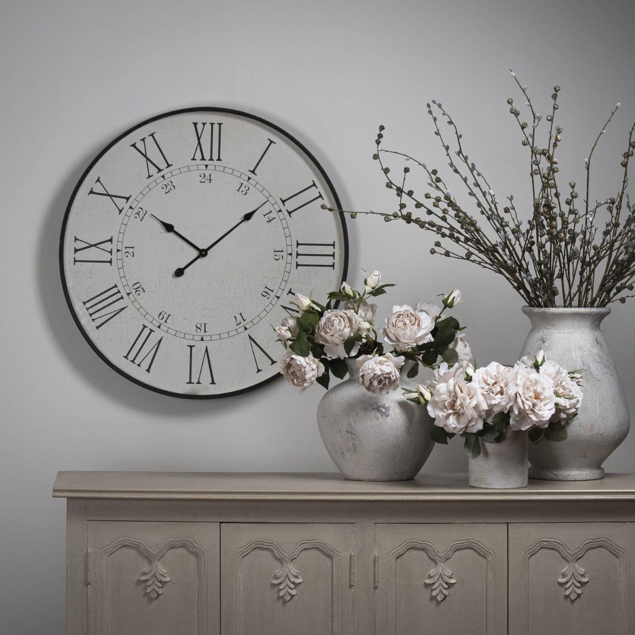 Large Embossed 80cm Round White Wood Station Wall Clock With Roman Numerals