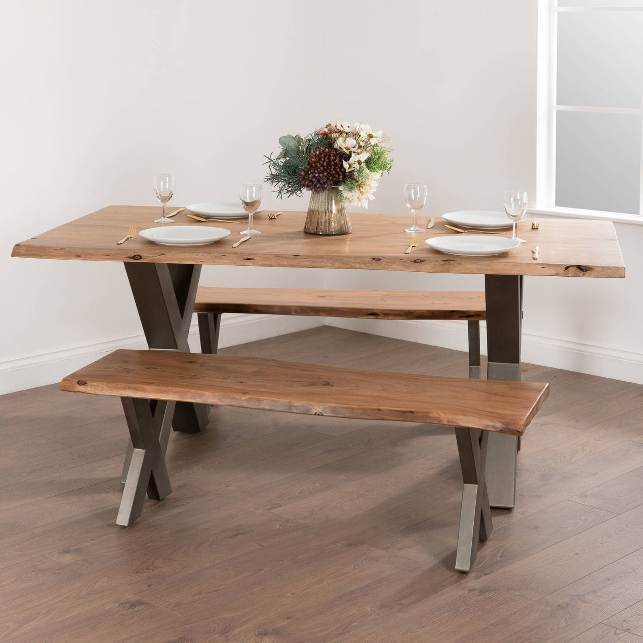 Modern Style Live Edge Acacia Wood X Leg Fixed Top Rectangular Dining Table 78 x 100cm