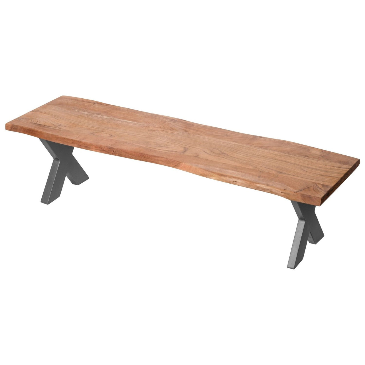 Traditional Rustic Brown Acacia Wood Dining Bench With Grey Metal Cross Legs 45x180cm