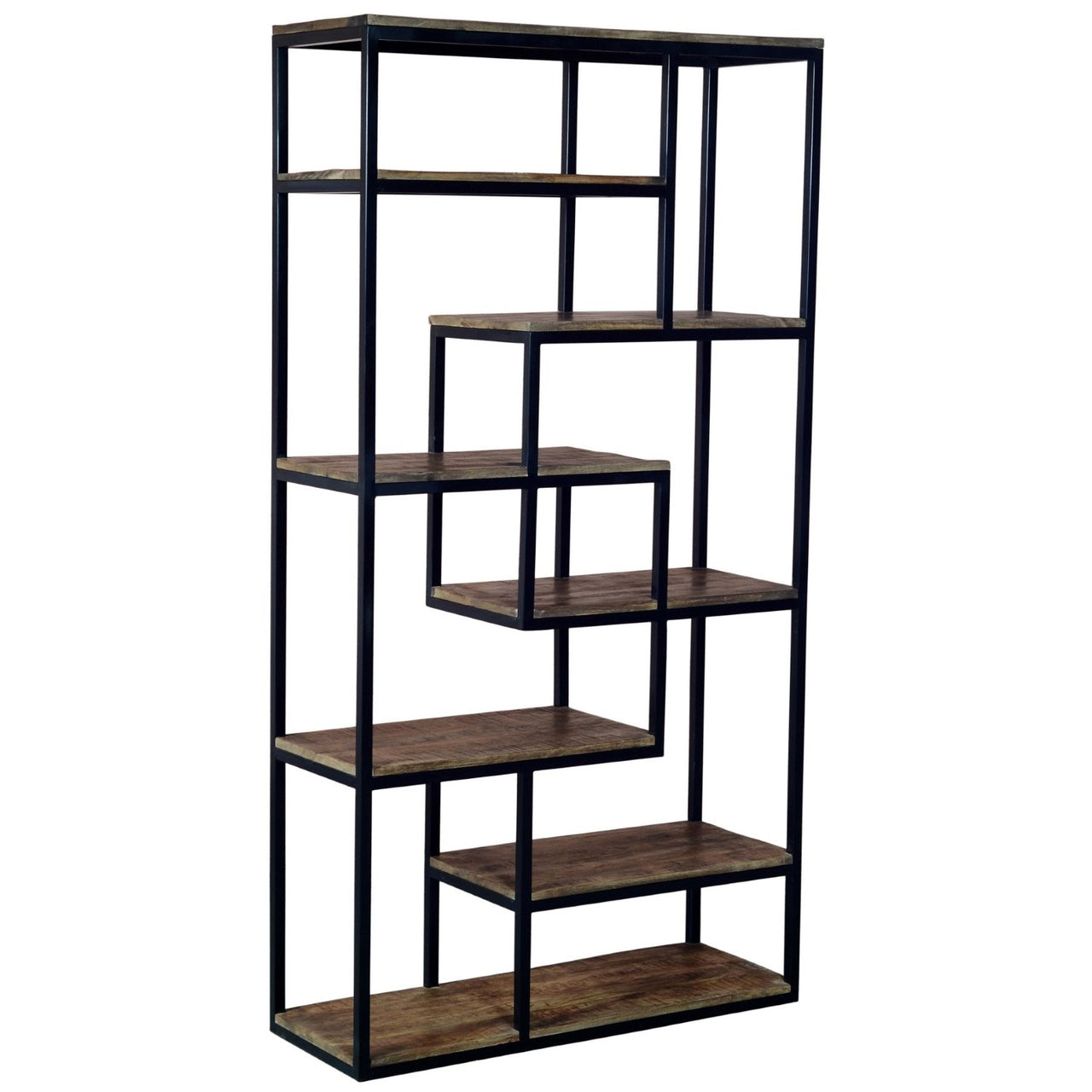 Multi Shelf Industrial 215cm Tall Black Metal Framed Brown Wooden Bookcase Shelf Unit