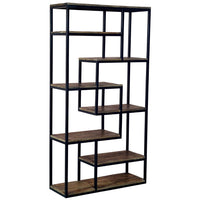 Thumbnail for Multi Shelf Industrial 215cm Tall Black Metal Framed Brown Wooden Bookcase Shelf Unit