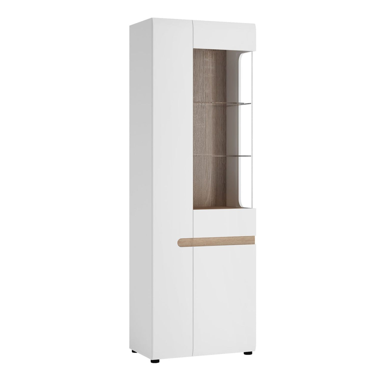 Modern Tall Glazed Narrow Display LHD High Gloss White Oak Trim