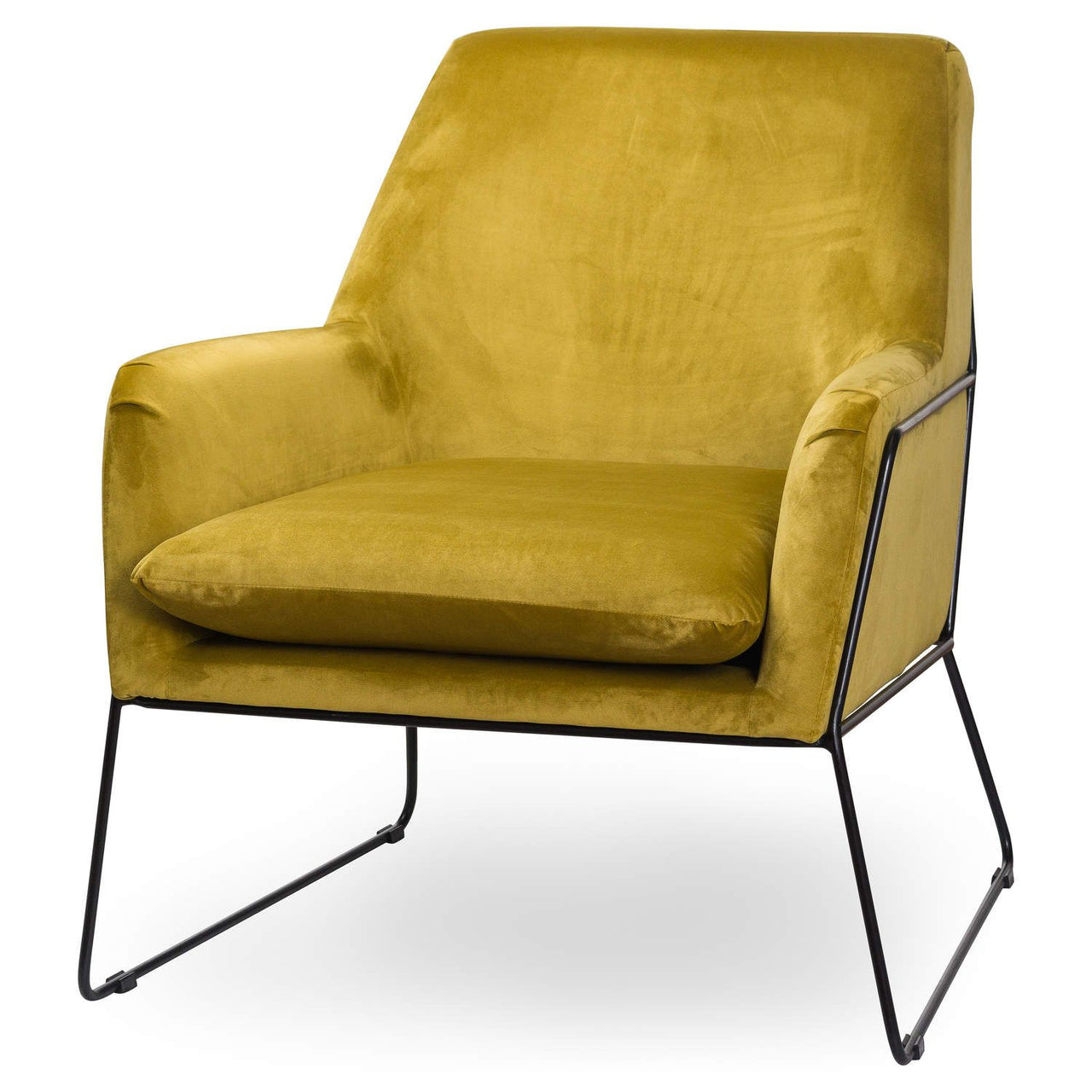 Eva Framed Mustard Yellow Velvet Fabric Club Arm Chair On Black Metal Legs