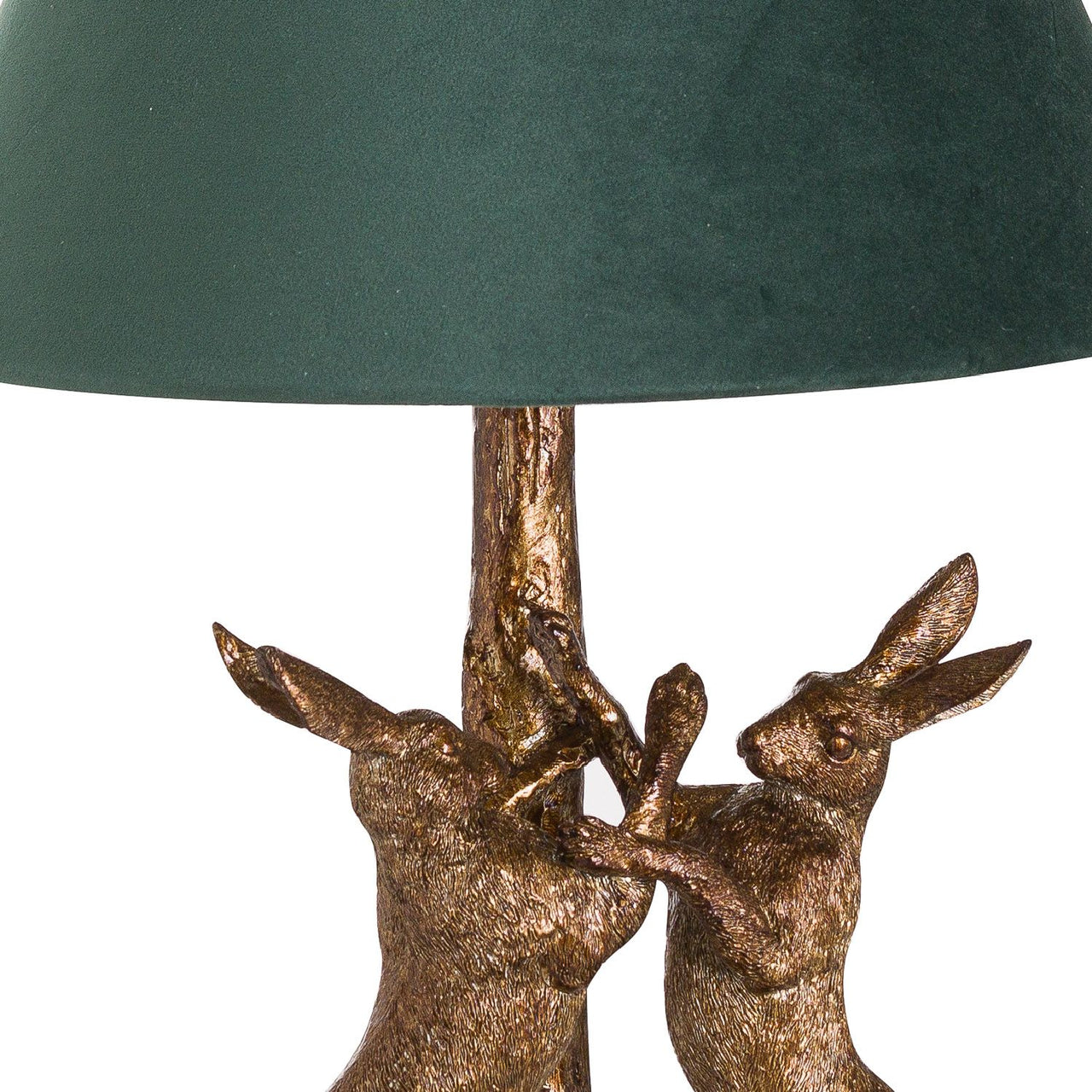 Antique Gold Boxing Fighting Hares Desk Table Lamp Green Velvet Fabric Shade