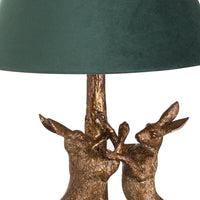 Thumbnail for Antique Gold Boxing Fighting Hares Desk Table Lamp Green Velvet Fabric Shade