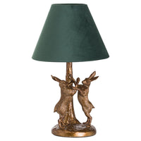 Thumbnail for Antique Gold Boxing Fighting Hares Desk Table Lamp Green Velvet Fabric Shade