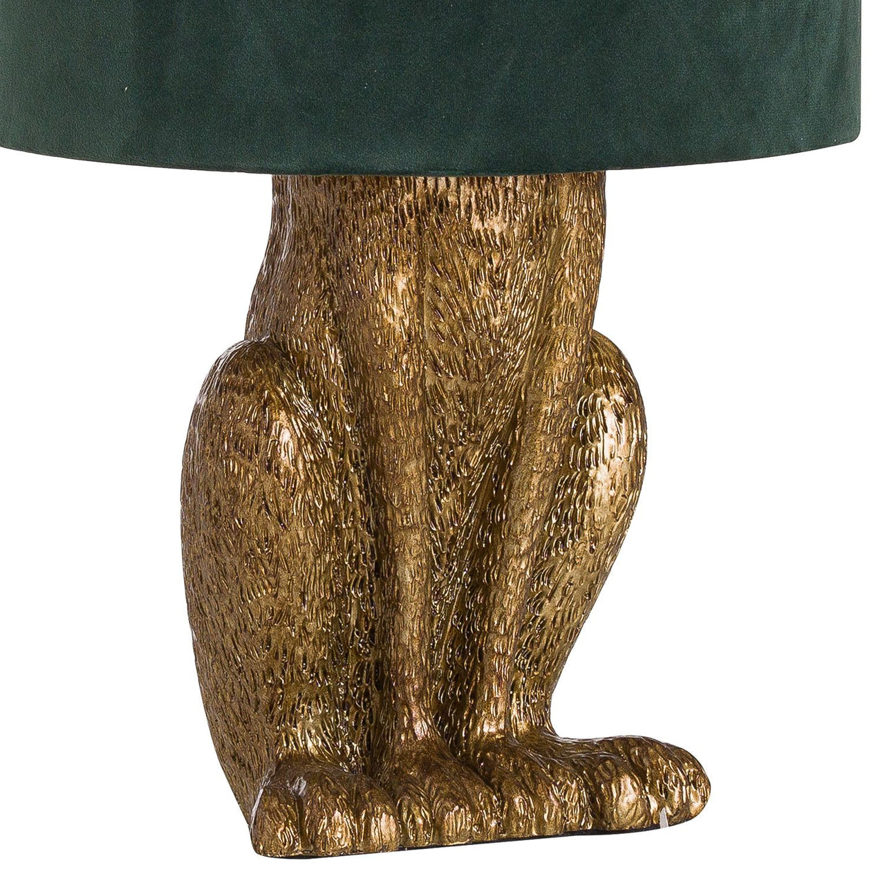 50cm Tall Antique Gold Hare Rabbit Table Lamp With Green Velvet Round Shade