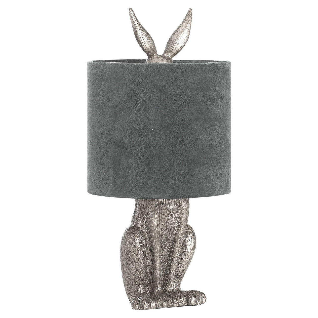 50cm Tall Silver Hare Rabbit Table Lamp With Grey Velvet Round Shade