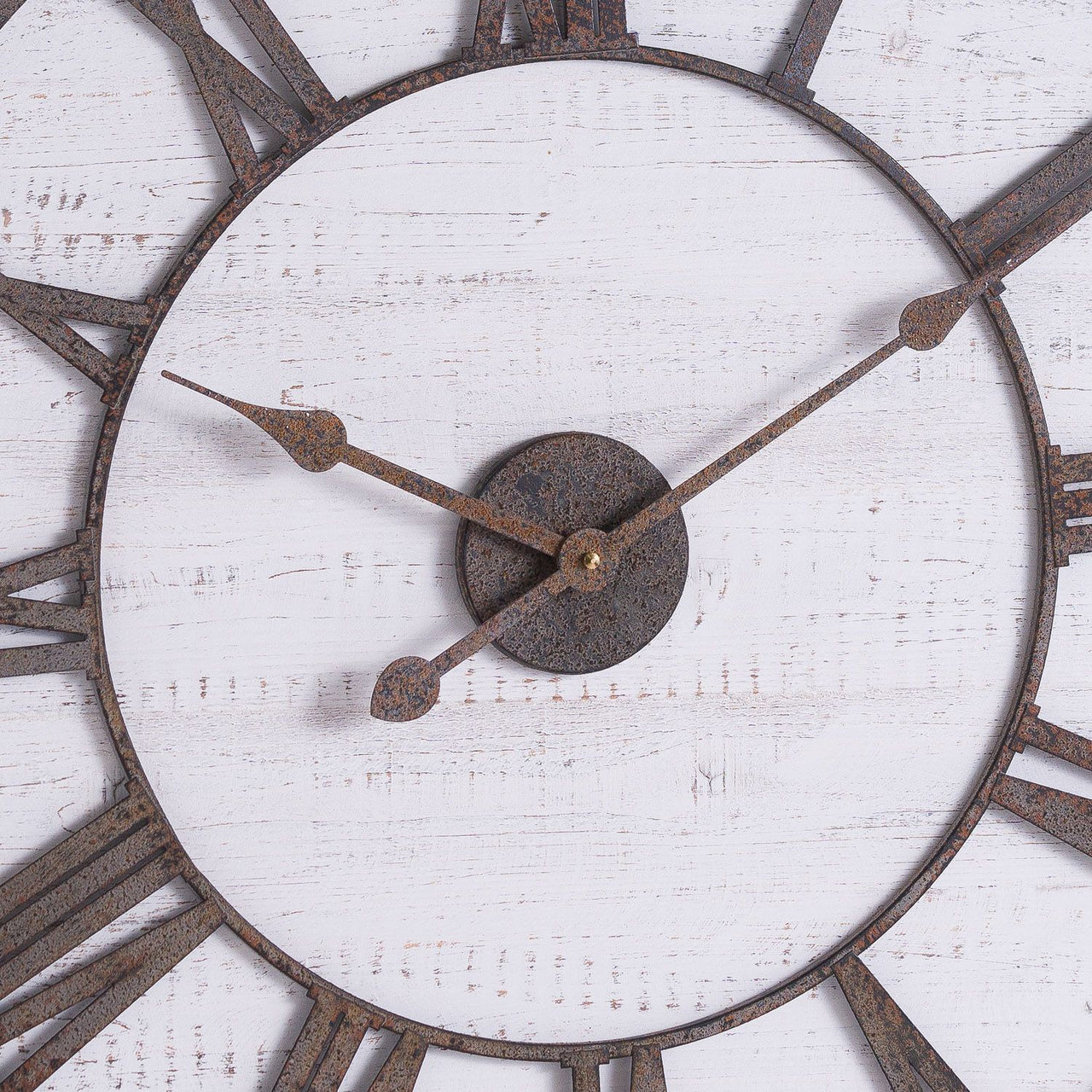 Rustic White Washed Wooden Wall Clock With Aged Roman Numerals And Hands