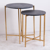 Thumbnail for Set Of 2 Gold Metal Framed Black Marble Top Nest Of Round Side Tables