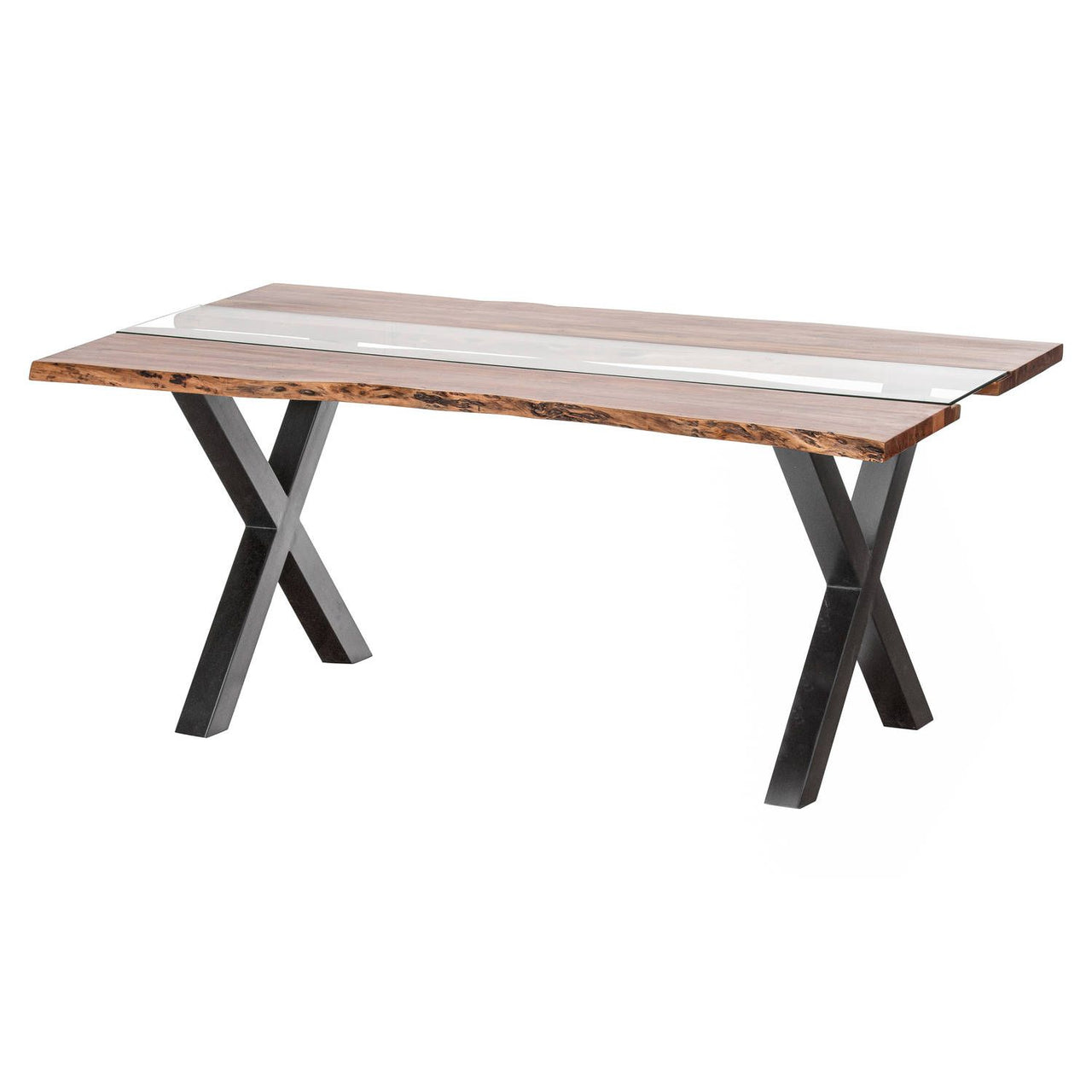 Modern Reclaimed Wood Dining Table Live Edge and Glass River Centre X Leg Frame