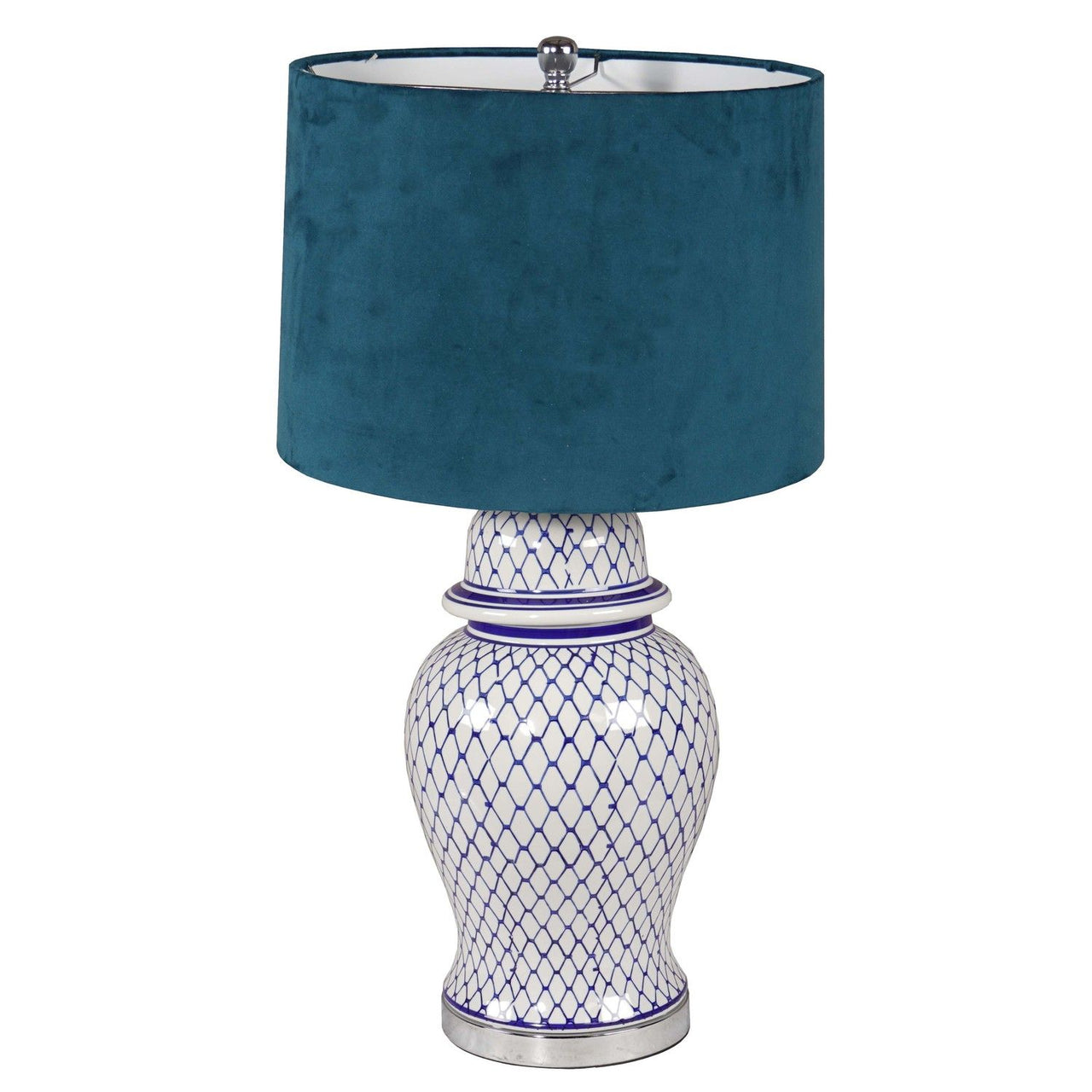 Malabar Blue And White Ceramic Lamp With Blue Velvet Shade