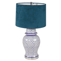 Thumbnail for Malabar Blue And White Ceramic Lamp With Blue Velvet Shade