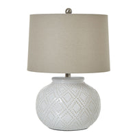 Thumbnail for Squat White Beaded Ceramic Lamp With Linen Shade