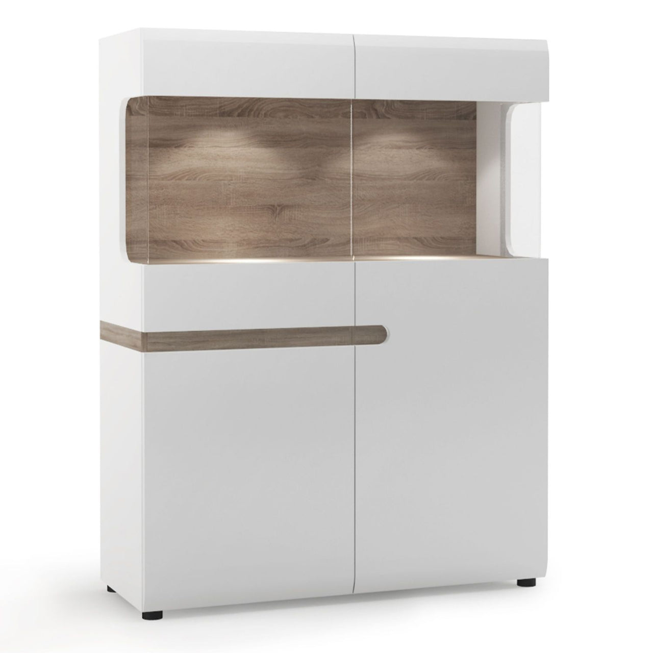 Modern Glazed White High Gloss Oak 2 Door Low Display Cabinet 109cm Wide