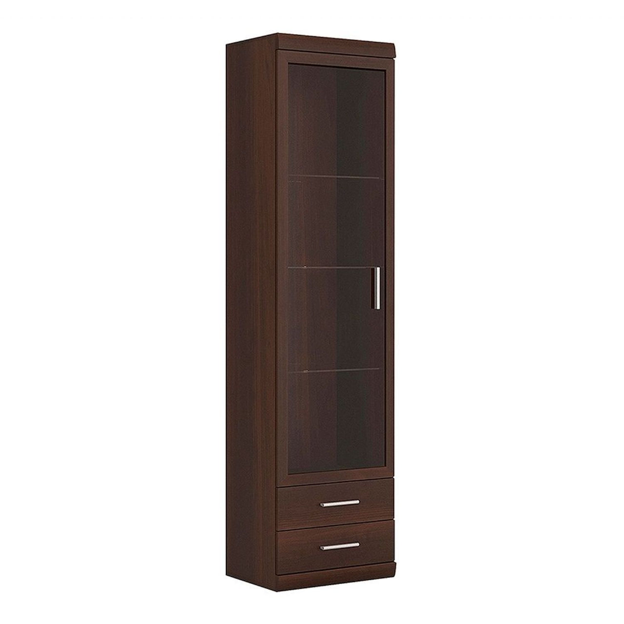 Dark Mahogany Tall Slim Glazed 1 Door 2 Drawer Narrow Display Cabinet