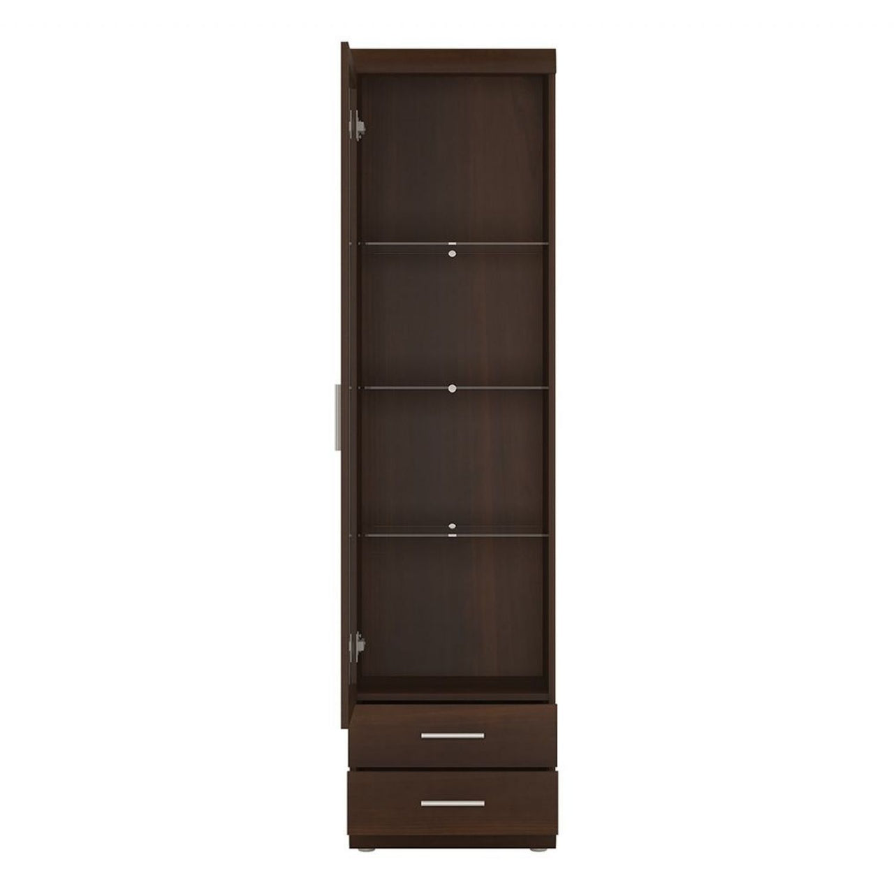 Dark Mahogany Tall Slim Glazed 1 Door 2 Drawer Narrow Display Cabinet