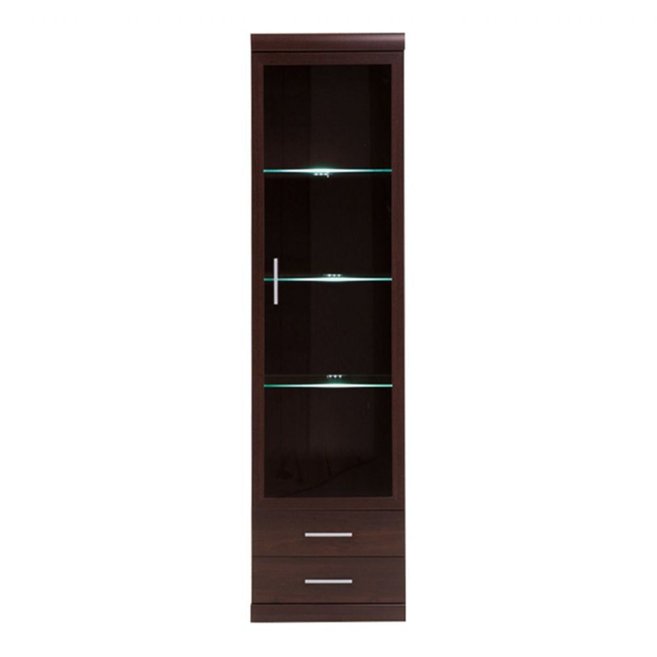 Dark Mahogany Tall Slim Glazed 1 Door 2 Drawer Narrow Display Cabinet