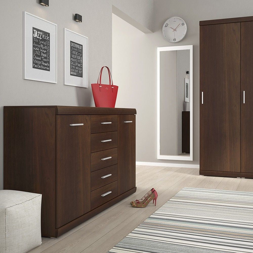 Modern 2 Door 5 Drawer Sideboard in Dark Mahogany 140cm Wide