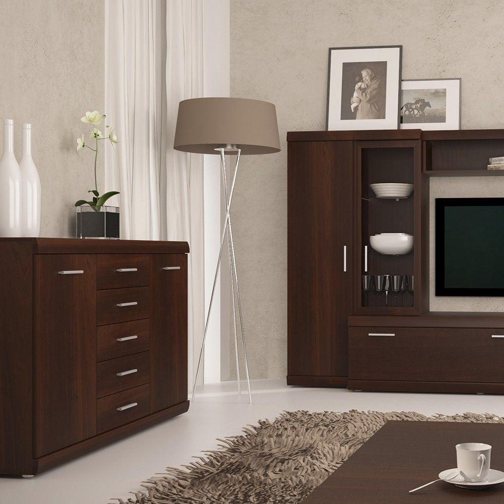 Modern 2 Door 5 Drawer Sideboard in Dark Mahogany 140cm Wide