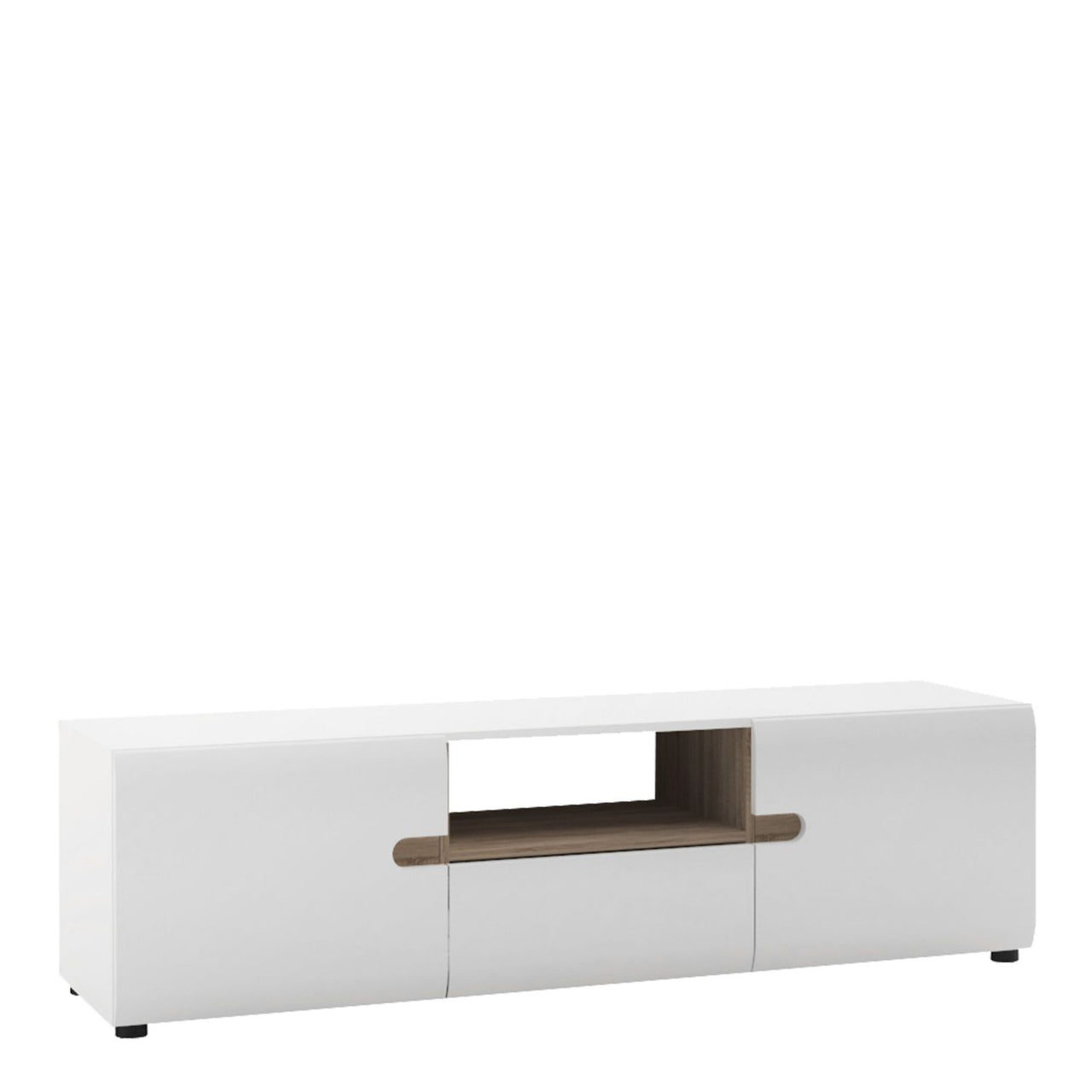 Low Wide White Gloss and Natural Oak Trim TV Unit