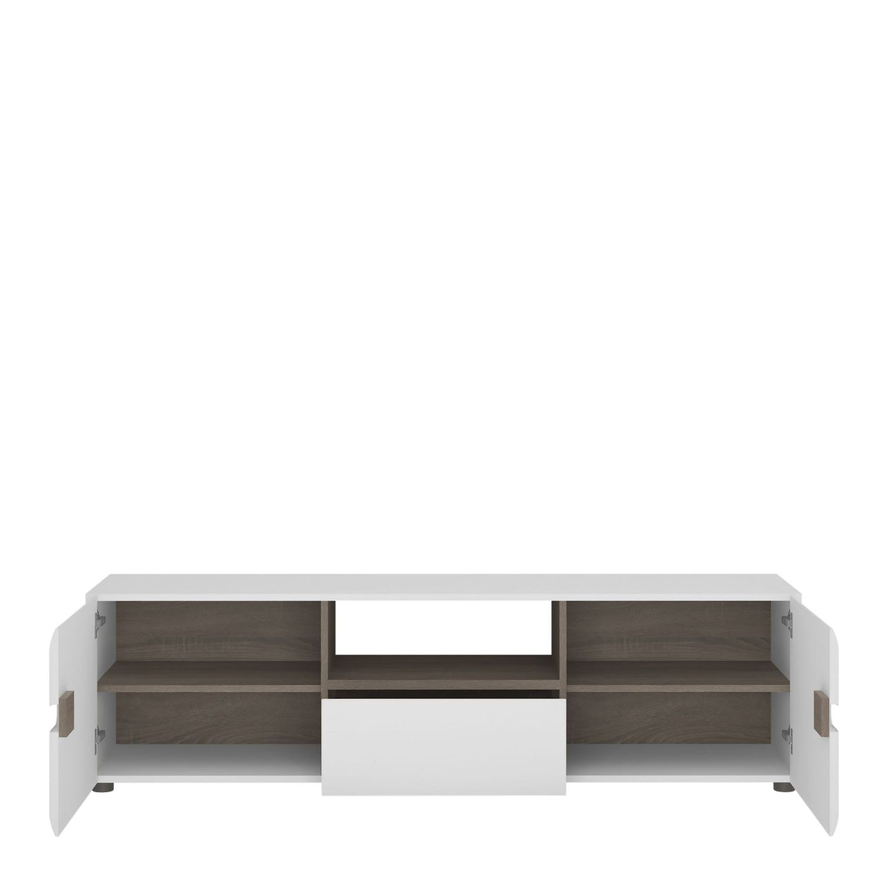 Low Wide White Gloss and Natural Oak Trim TV Unit